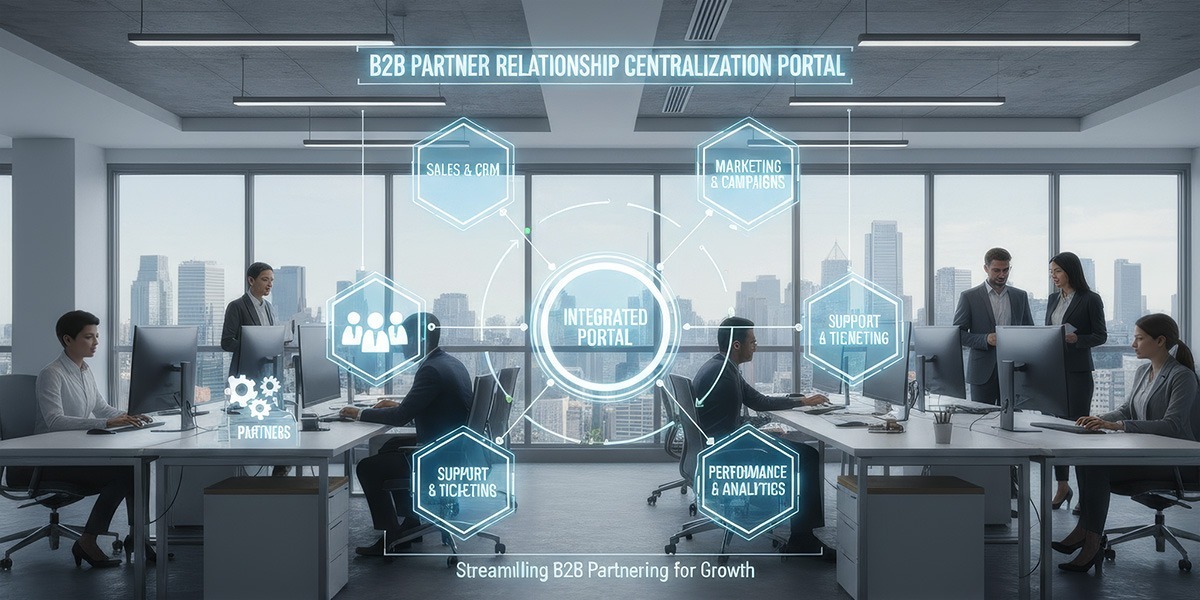 Diagram showing how a B2B portal centralizes partner relationship management activities.
