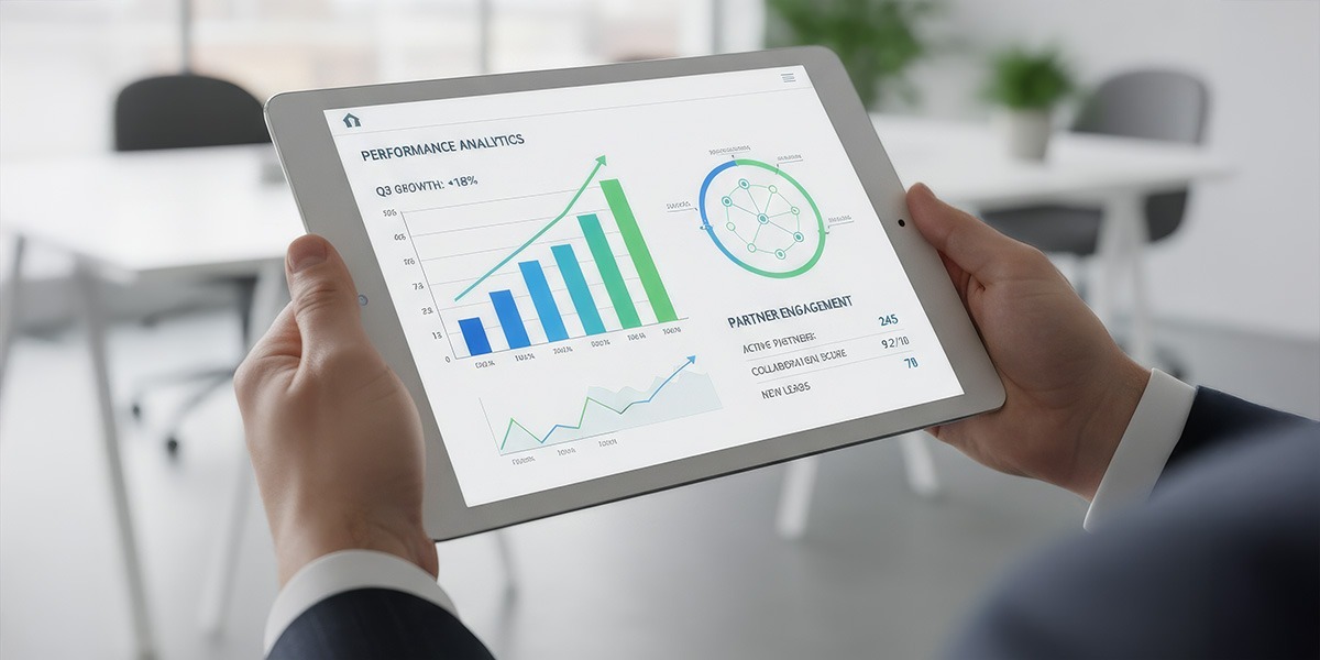Close-up of a tablet screen displaying performance analytics and partner engagement metrics in a B2B portal.