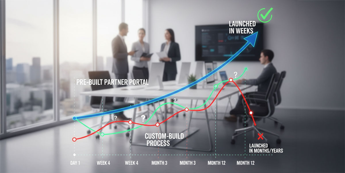 A timeline graph showing the rapid deployment speed of a pre-built partner portal versus a long custom-build process.