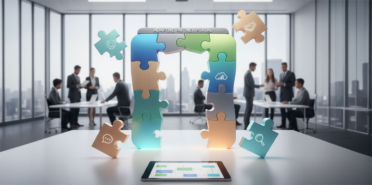 An illustration of puzzle pieces representing how a configurable partner portal can be customized to fit specific business needs.