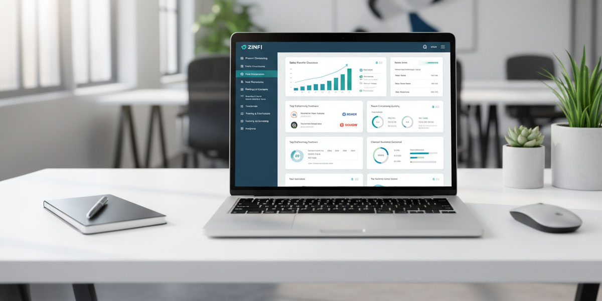 The ZINFI Unified Partner Management dashboard shown on a laptop screen, highlighting its comprehensive features.