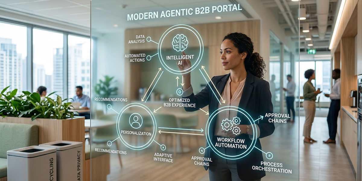 A diagram illustrating the interconnected features of a modern agentic B2B portal, including AI, personalization, and workflows.