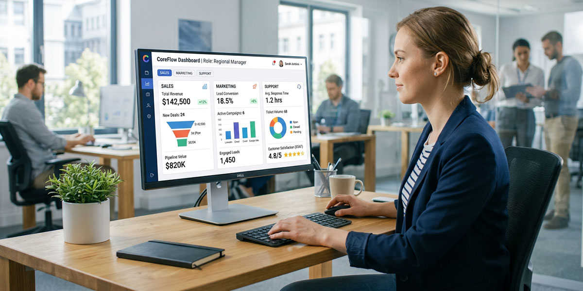 A user interface showing a personalized dashboard with role-based widgets for sales, marketing, and support.