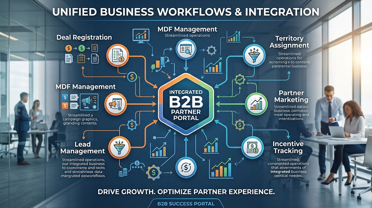 A flowchart showing how various business workflows like deal registration and MDF management are integrated into a central B2B portal.