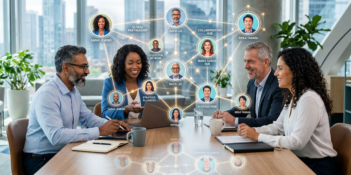Diverse group of partners a shown as icons connected in a network, symbolizing a modern partner ecosystem.