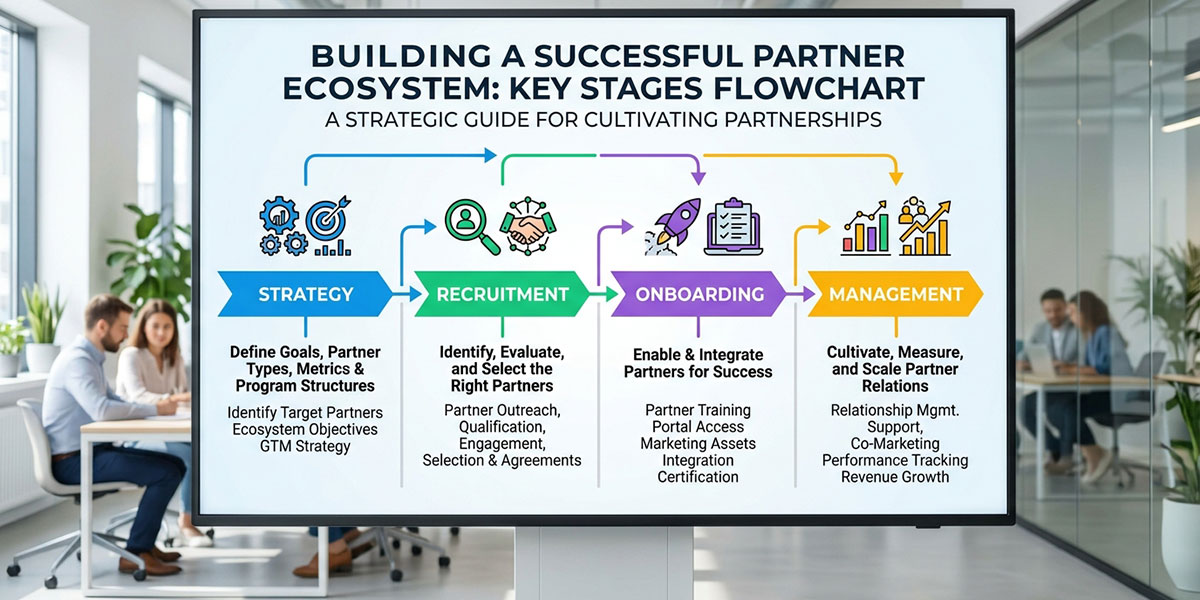 A flowchart showing the key stages of building a partner ecosystem: strategy, recruitment, onboarding, and management.