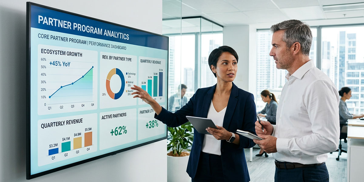 A dashboard with charts and graphs showing performance analytics of a partner program, illustrating how technology helps scale an ecosystem.