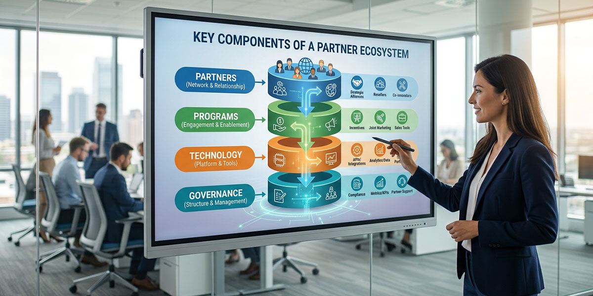 Diagram showing the key components of a partner ecosystem: partners, programs, technology, and governance.