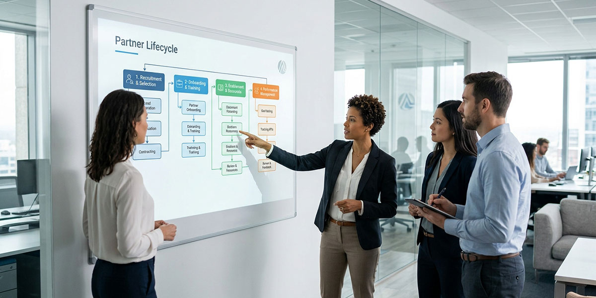 A flowchart illustrating the partner lifecycle from recruitment and onboarding to enablement and performance management.