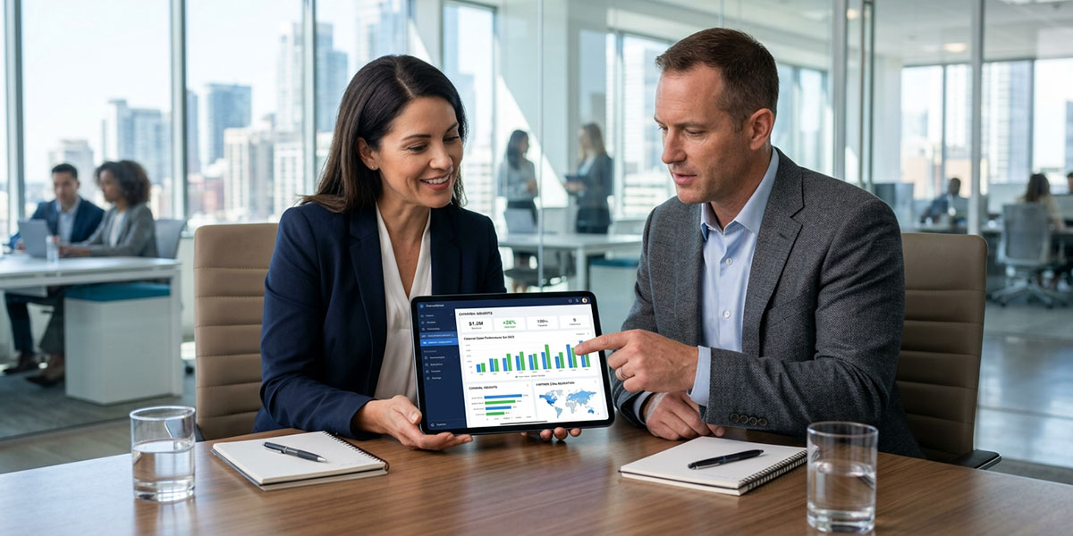 A manager and a partner reviewing sales data on a tablet, showcasing the collaborative power of channel management software.