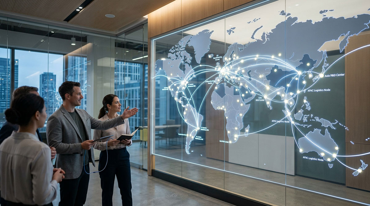 Global map showing interconnected partner locations, symbolizing the reach of a manufacturing channel ecosystem.