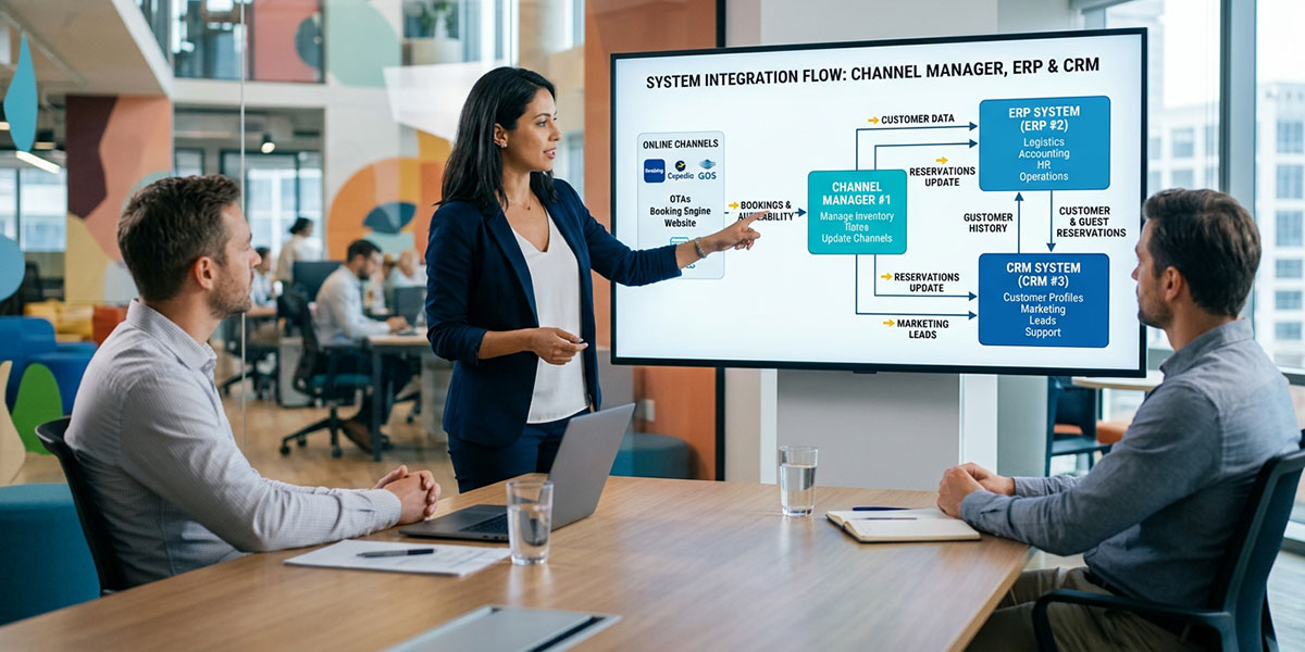 A flowchart graphic illustrating the integration between channel management software, ERP, and CRM systems.