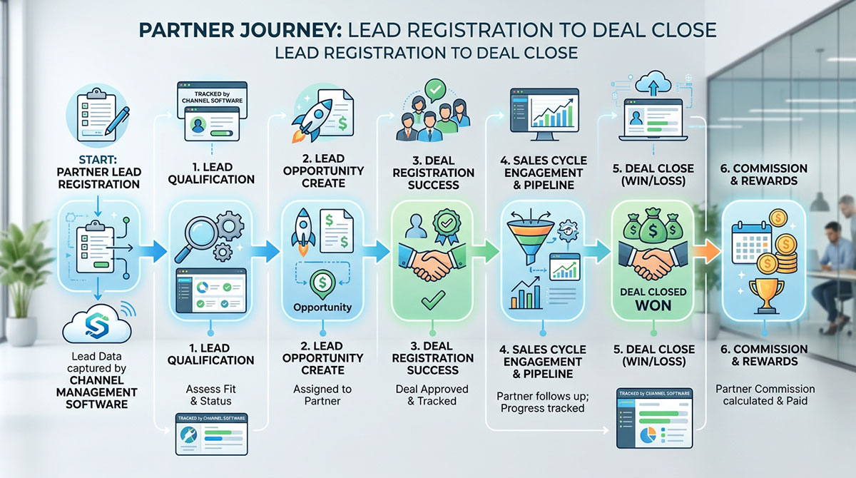 A flowchart illustrating the partner journey from lead registration to deal closing, tracked by channel management software.