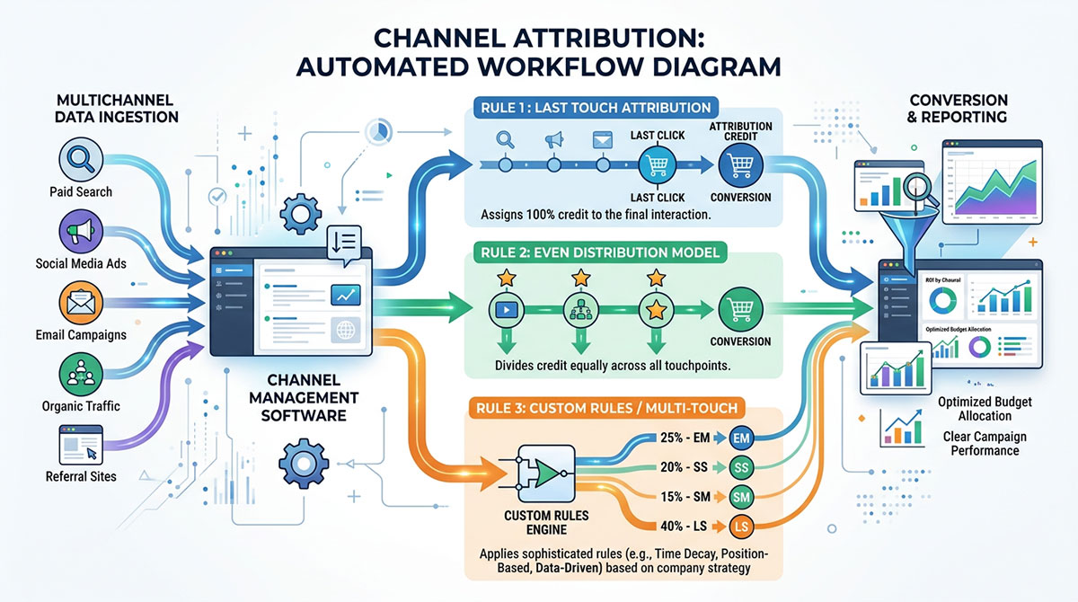 An automated workflow diagram showing how channel management software assigns attribution credit based on preset rules.