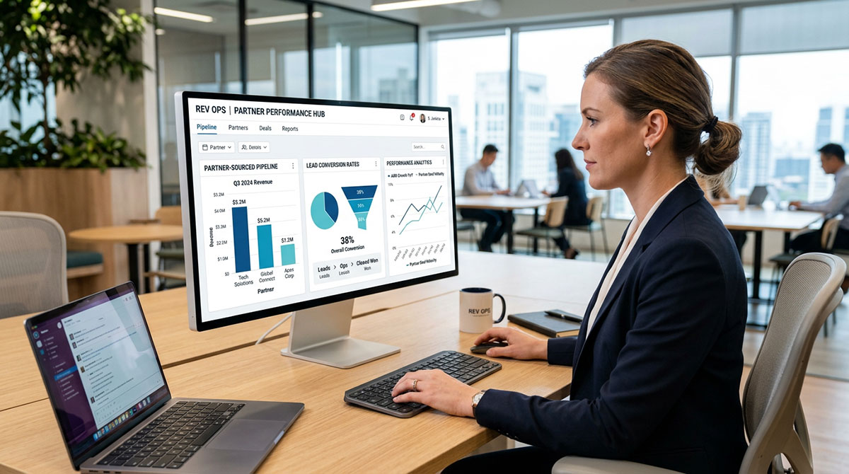 A RevOps dashboard within Channel Management Software, showing partner-sourced pipeline, lead conversion rates, and performance analytics.