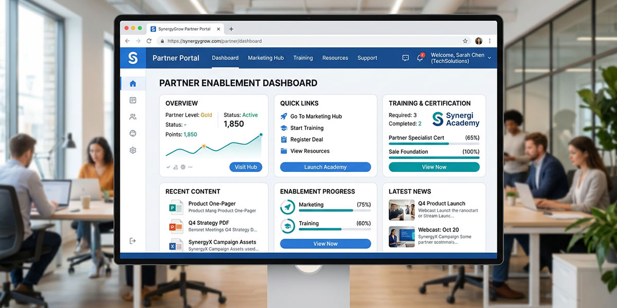 Screenshot of a user-friendly partner portal dashboard showcasing partner enablement tools.