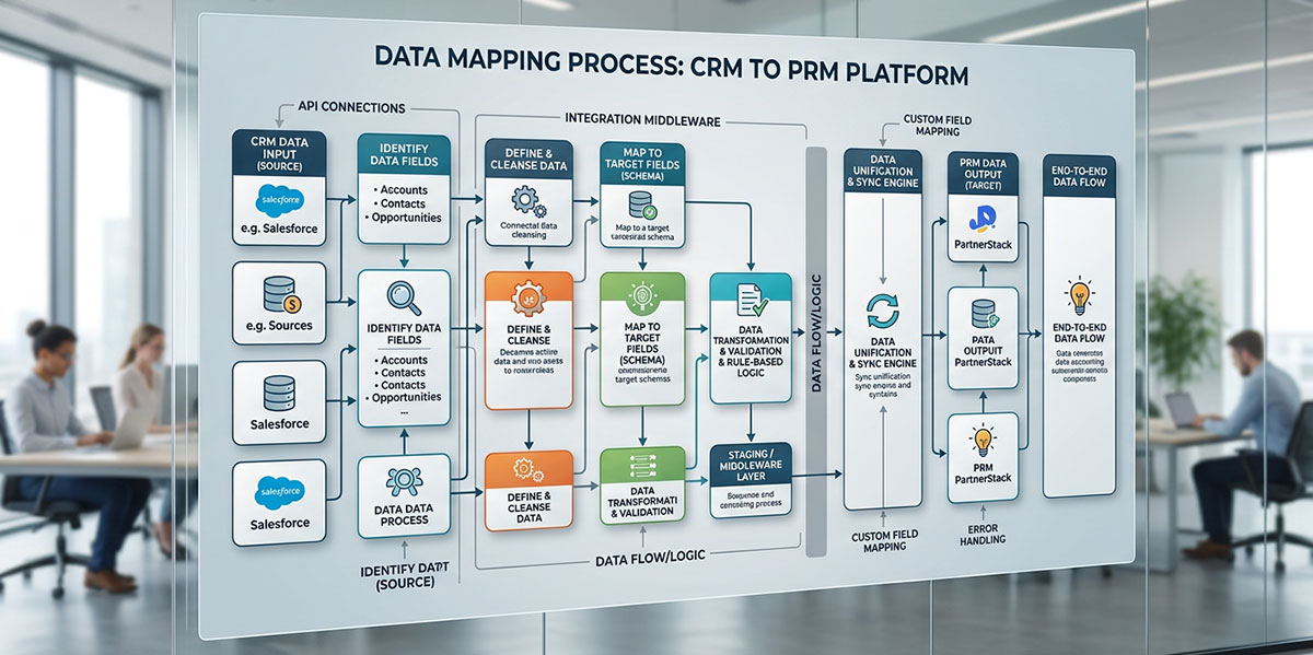 A flowchart illustrating the data mapping process between a CRM and a PRM platform.
