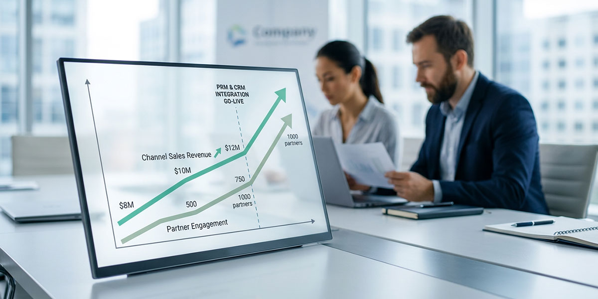 A graph showing upward trends in channel sales revenue and partner engagement after PRM and CRM integration.