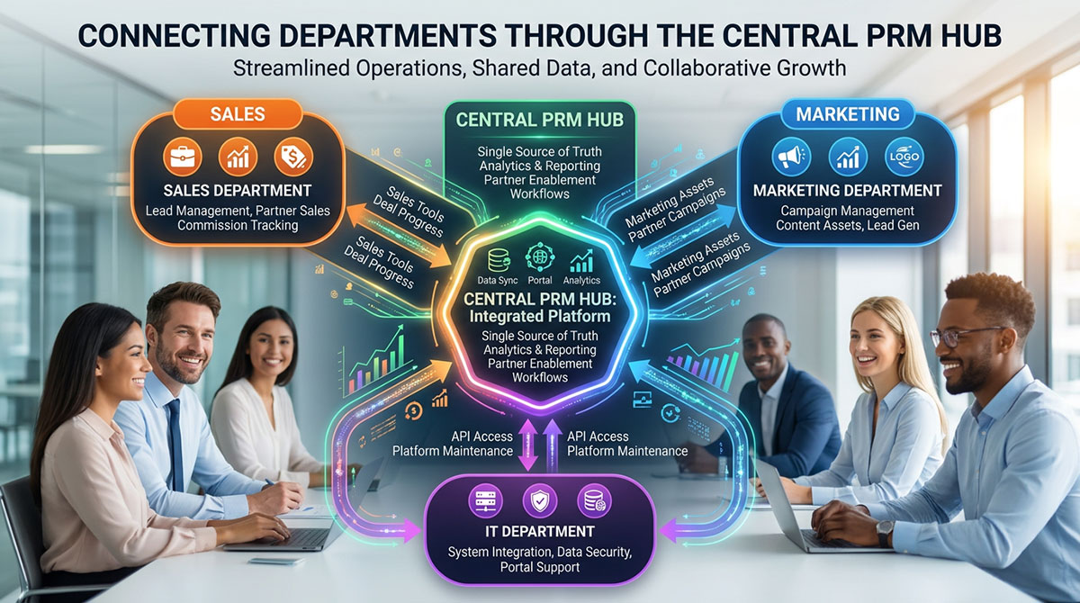 A diagram showing how sales, marketing, and IT departments connect through a central PRM hub.