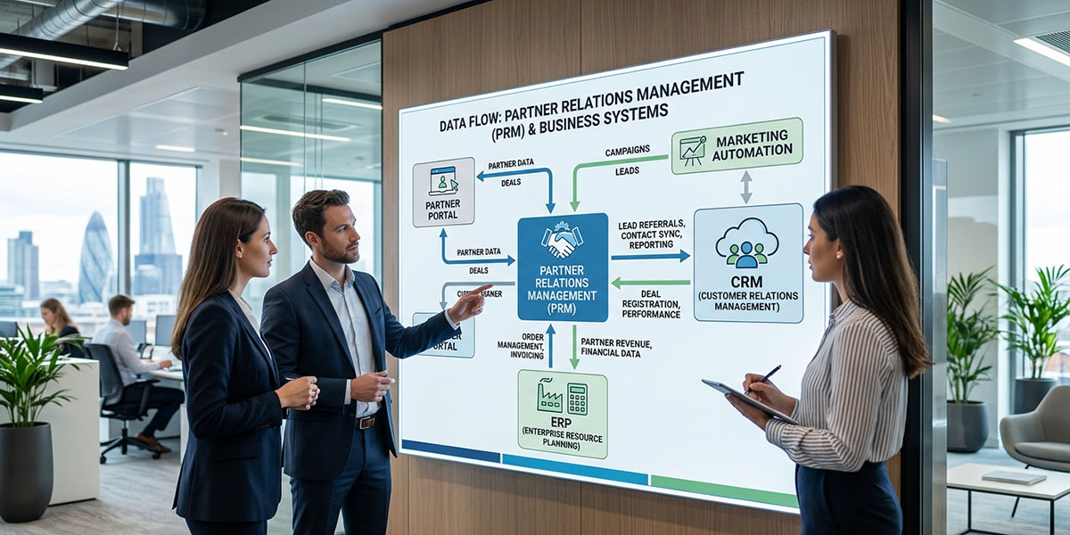 Flowchart illustrating the data flow between a PRM and other business systems like CRM and ERP.