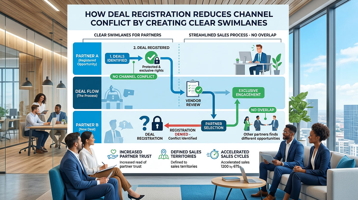 A diagram showing how deal registration reduces channel conflict by creating clear swimlanes for partners.