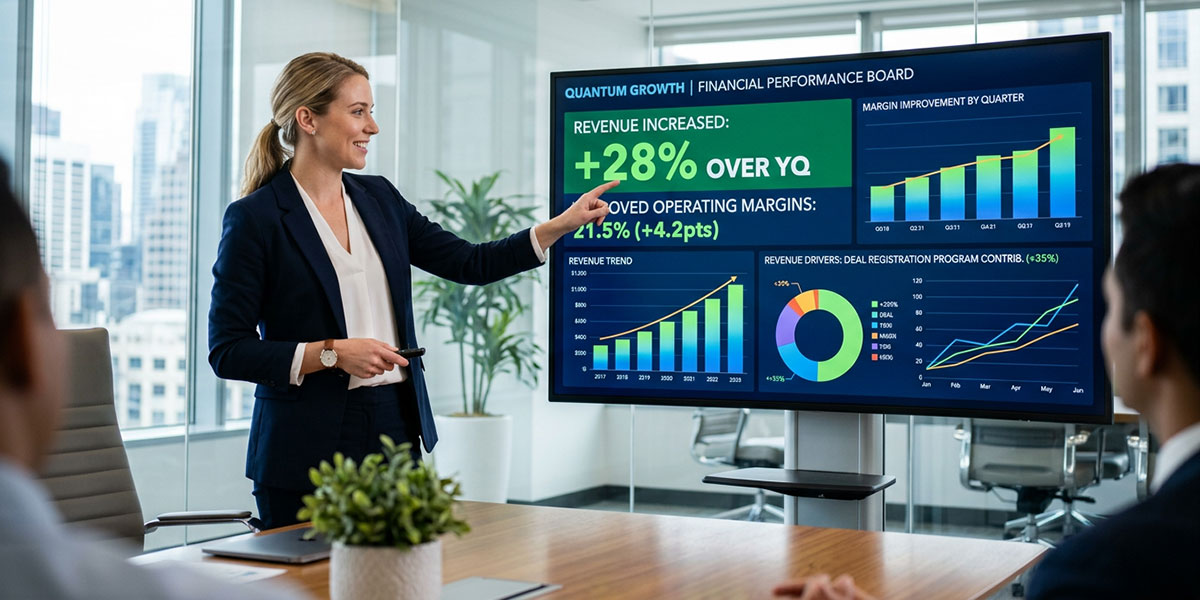 A financial dashboard showing increased revenue and improved margins attributed to a successful deal registration program.