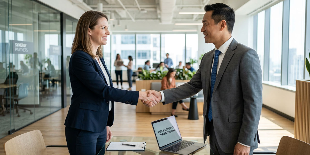Two business partners shaking hands, symbolizing reduced channel conflict through deal registration.