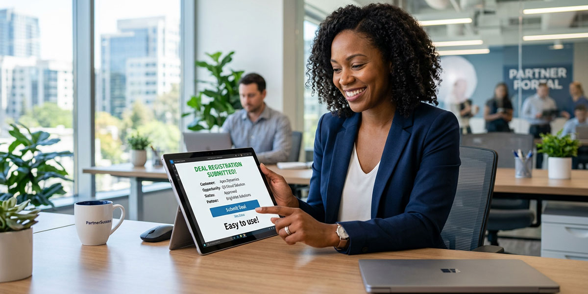 A channel partner using a tablet to submit a deal, highlighting the ease of use of deal registration software.