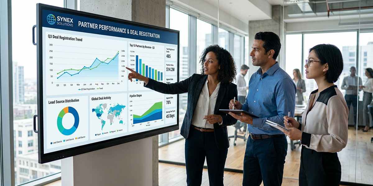 A dashboard showing charts and graphs related to partner performance and deal registration data.