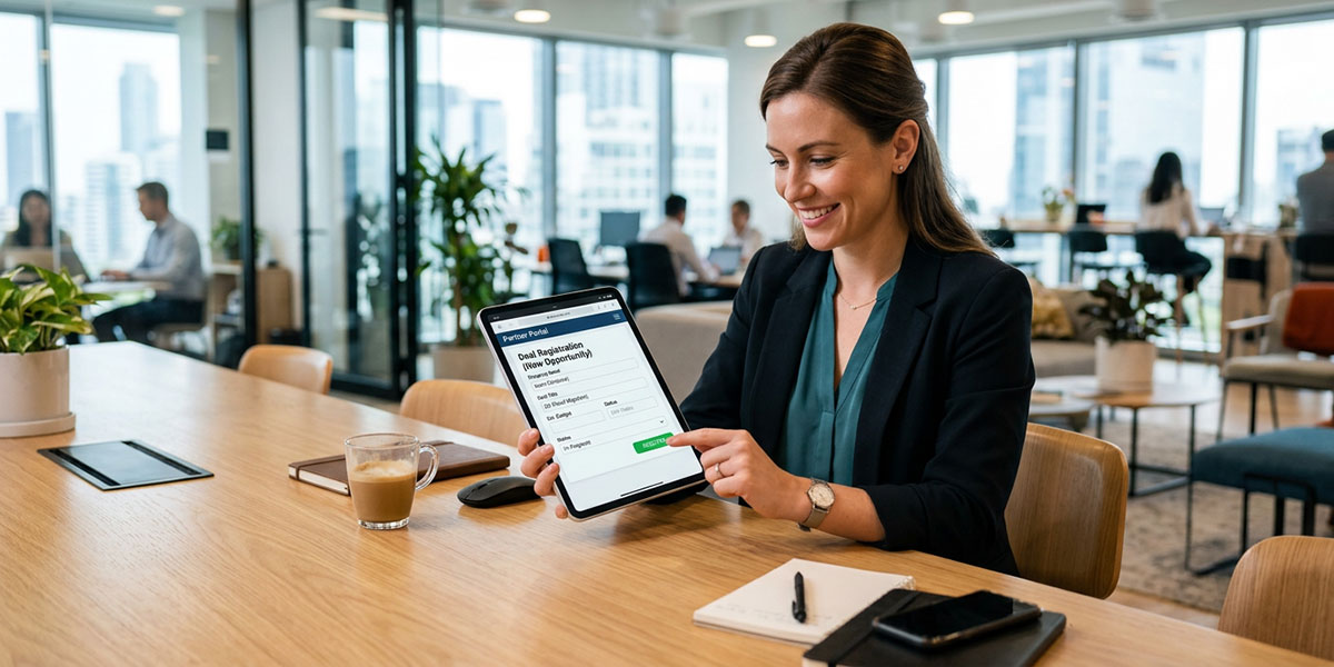 A channel partner easily submitting a new opportunity through an optimized deal registration portal on a tablet.