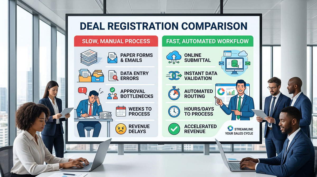 An infographic comparing the slow, manual deal registration process with a fast, automated workflow.