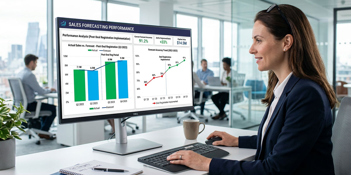 An analytics dashboard showing improved sales forecasting accuracy after implementing a deal registration system.