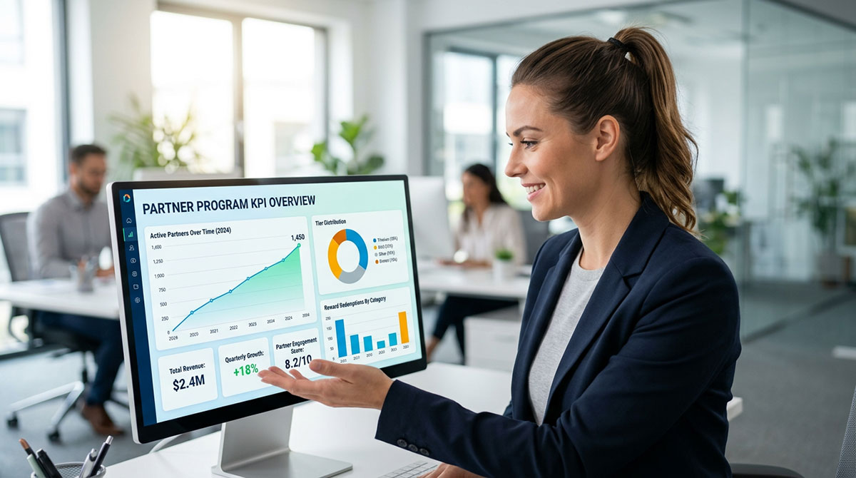 A dashboard showing key performance indicators (KPIs) for a partner rewards program.