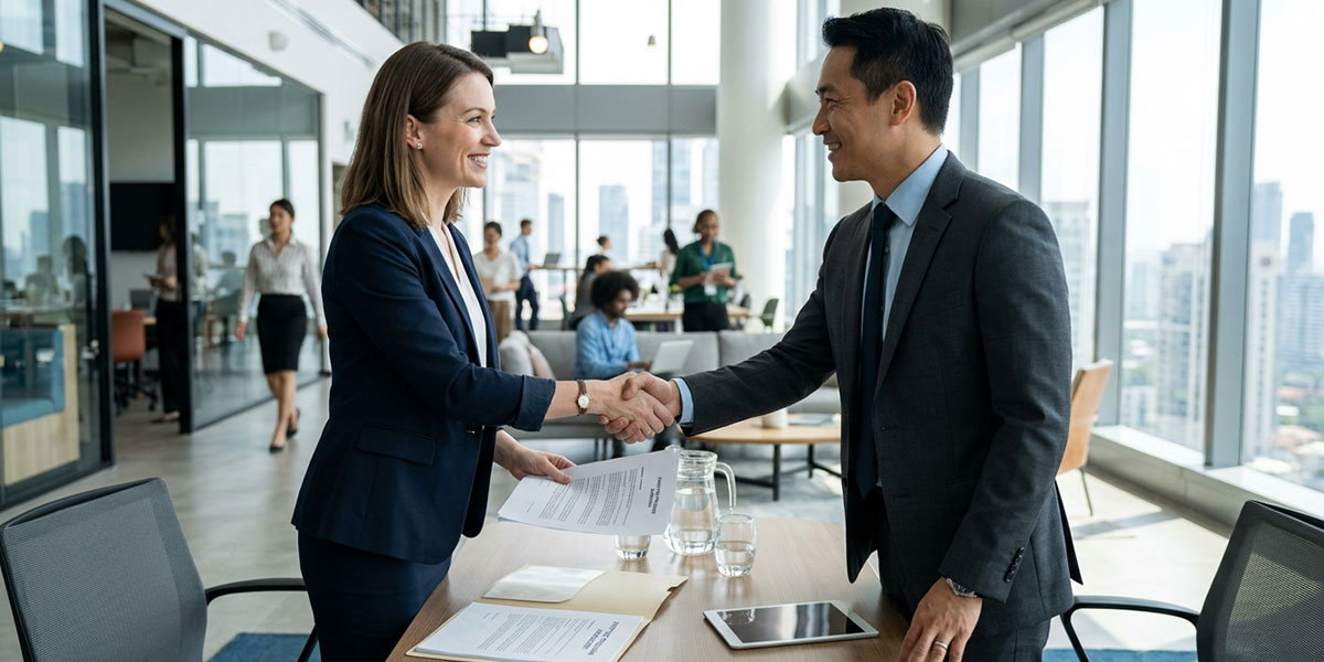Two business professionals shaking hands after agreeing on the terms of a partner program.