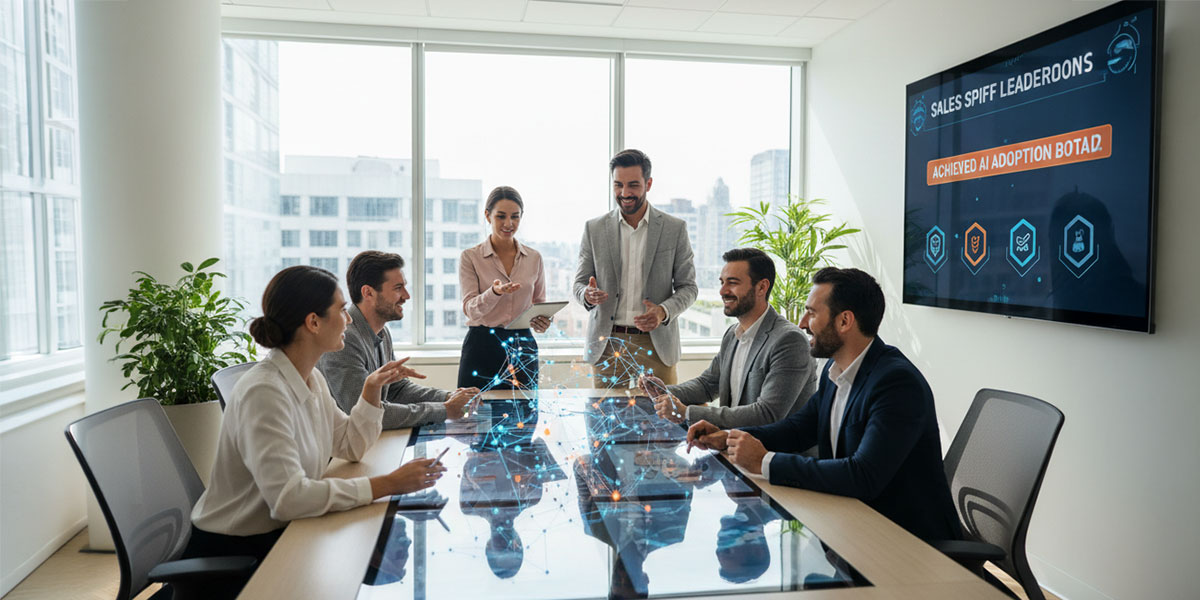 A sales team collaborating on agentic AI tools thanks to a sales performance incentive.