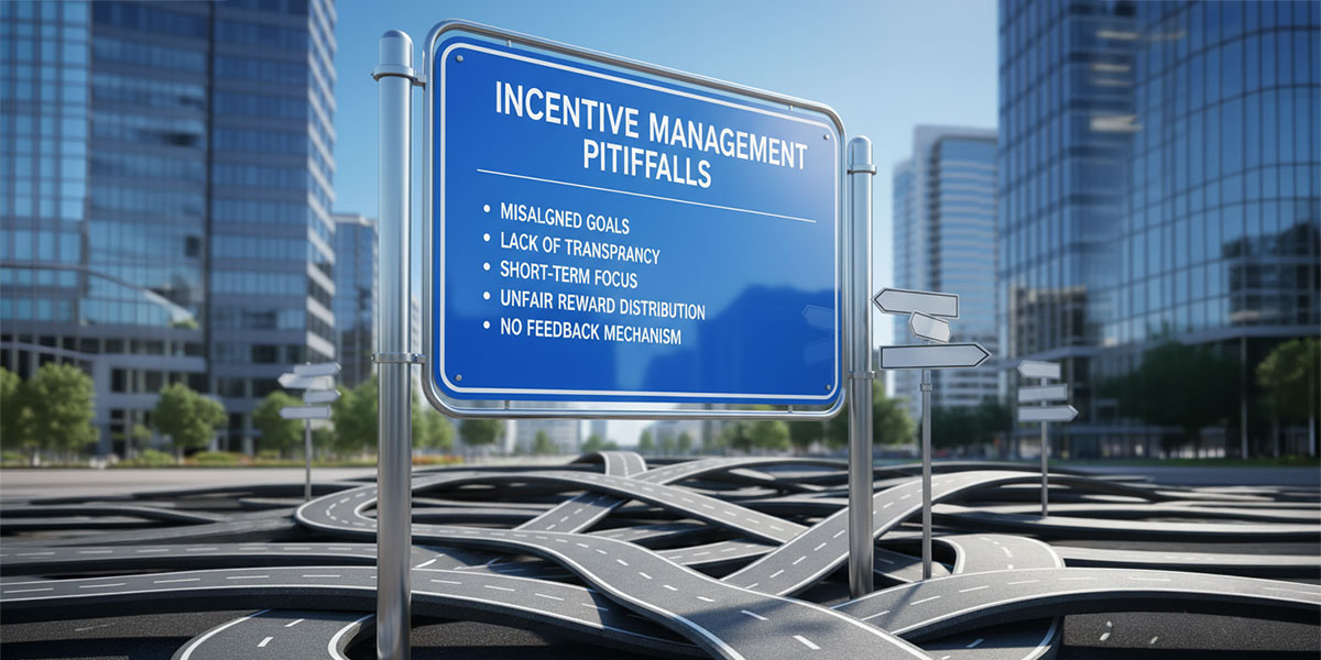 A sign with pitfalls to avoid in incentive management written on a confusing road.