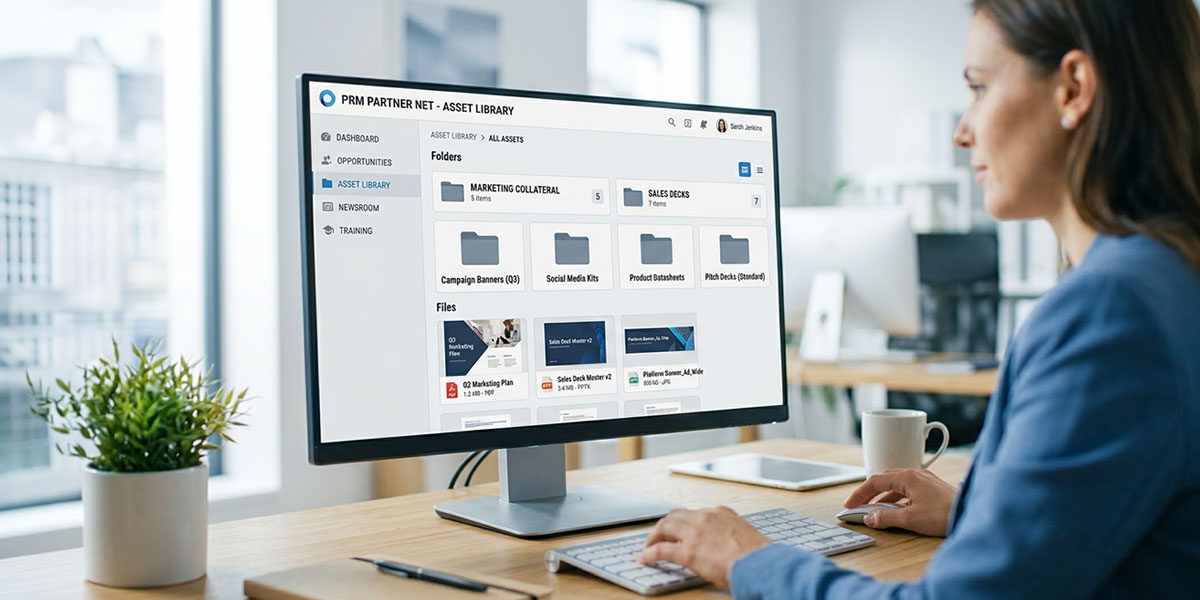 Screenshot of a digital asset library inside a PRM platform, showing organized folders for marketing collateral and sales decks.