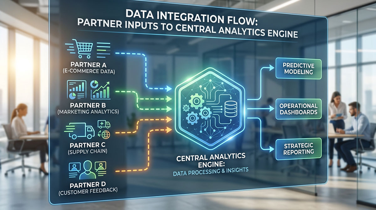 A flowchart showing data inputs from various partners feeding into a central analytics engine.
