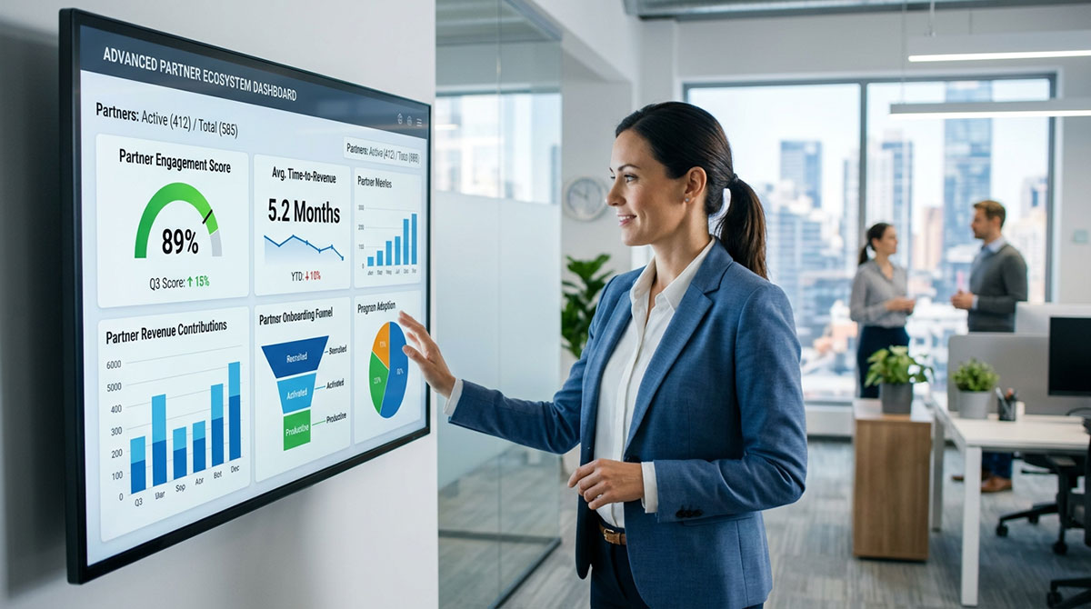 A business dashboard showing advanced partner ecosystem metrics like Partner Engagement Score and Time-to-Revenue.