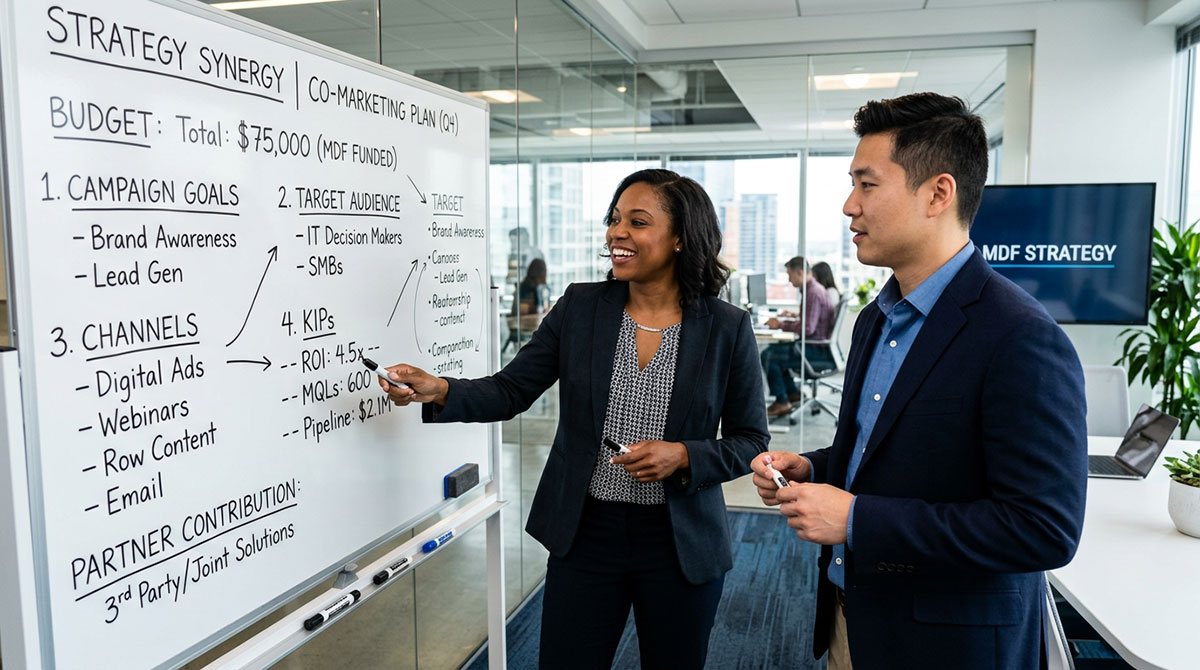 Two channel partners discussing a marketing strategy on a whiteboard, funded by market development funds.