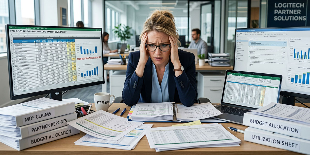 A frustrated channel manager surrounded by spreadsheets and paperwork related to market development funds.