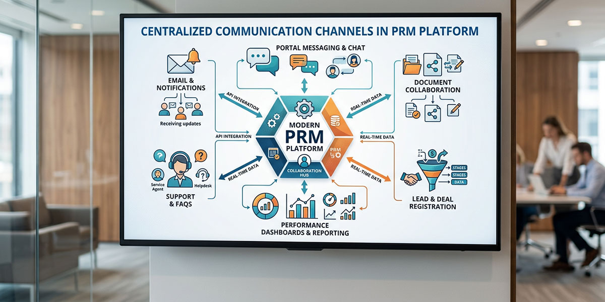 Diagram showing centralized communication channels within a partner relationship management platform.