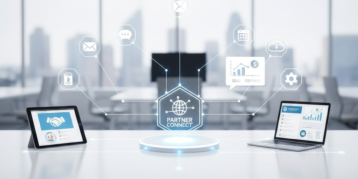 An illustration of various partner relationship management tools integrated into a central platform.