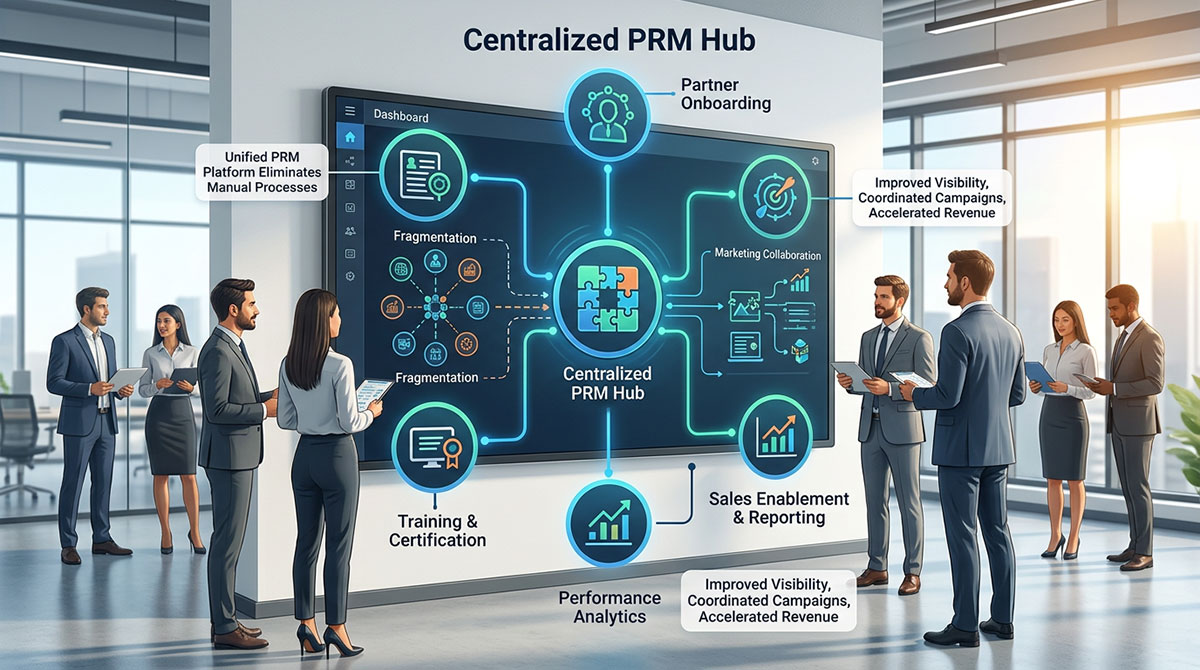 A diagram showing an upward scaling arrow with icons for partners, marketing, and sales, representing how a PRM platform drives enterprise scalability.