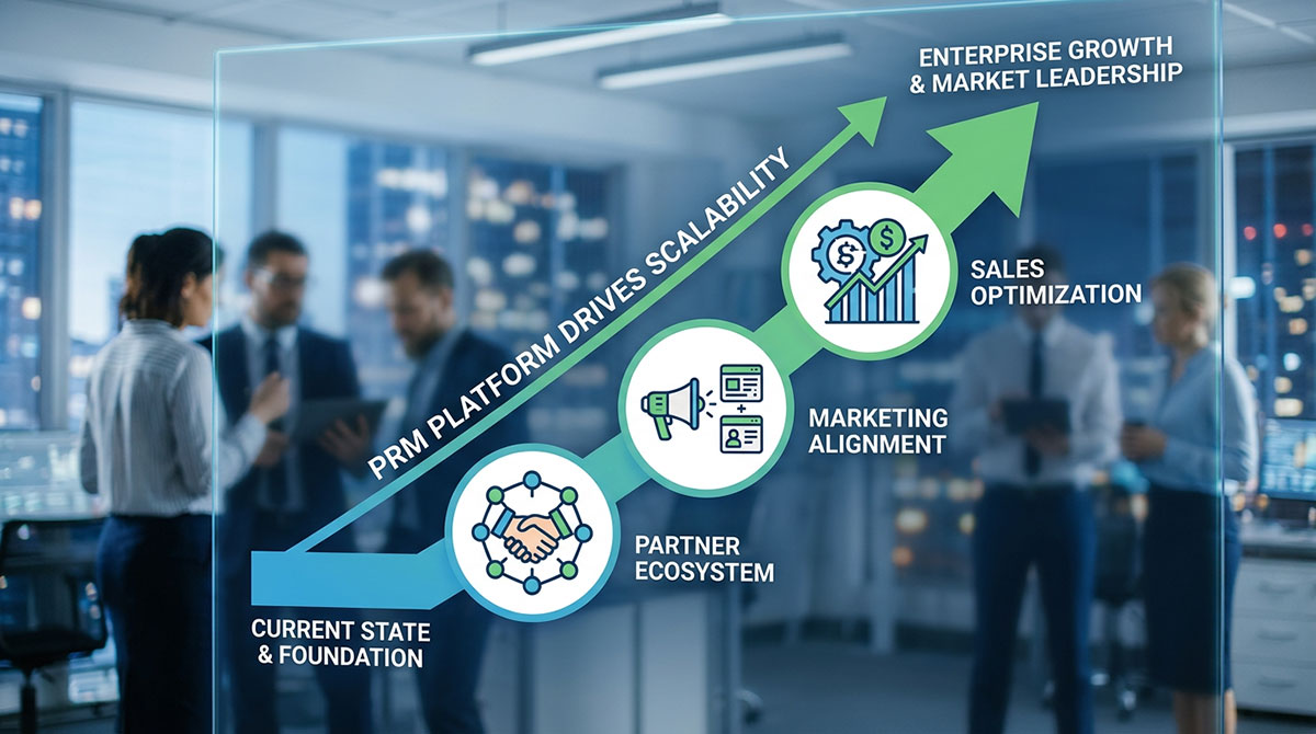 A collage of icons representing core PRM features like partner enablement, marketing automation, and performance analytics, arranged in a cohesive grid.
