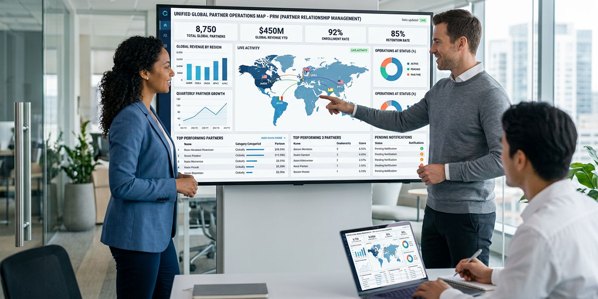 A dashboard showing unified global partner operations managed through PRM software.