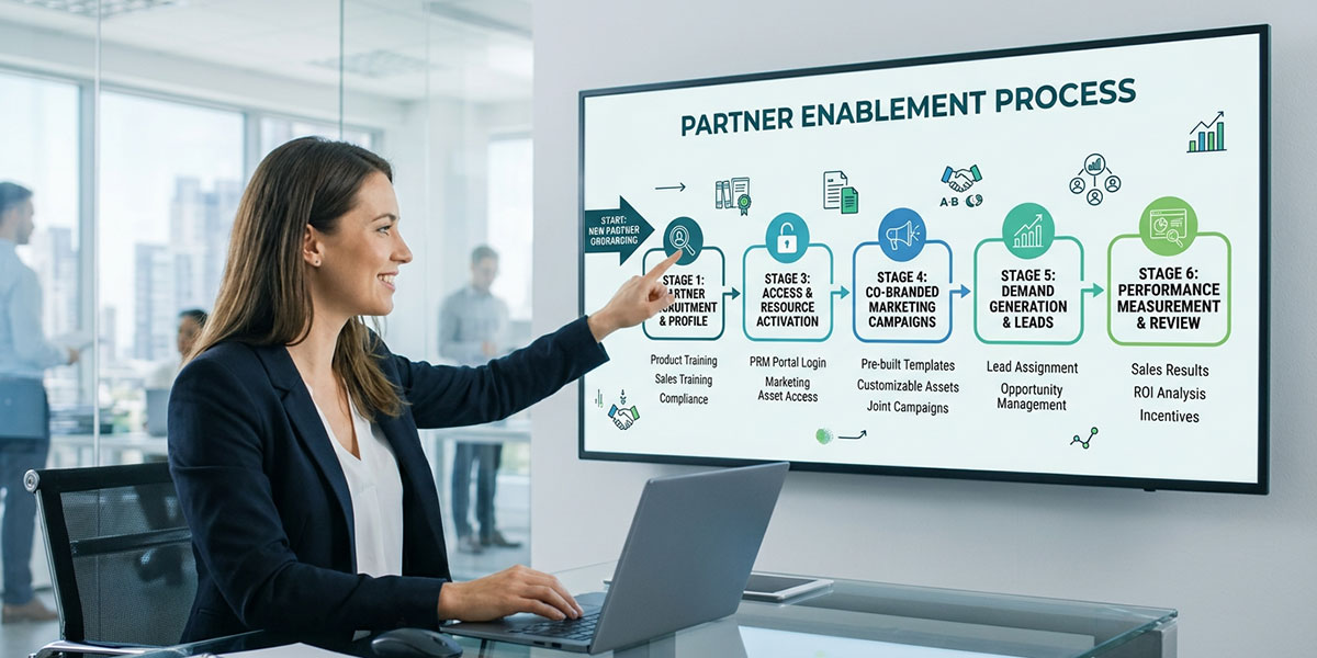 A flowchart illustrating the partner enablement process within a PRM, from training to co-branded marketing.