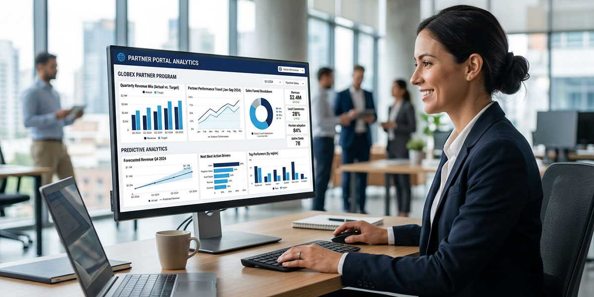 An analytics dashboard within a PRM showing partner performance metrics, charts, and predictive analytics.