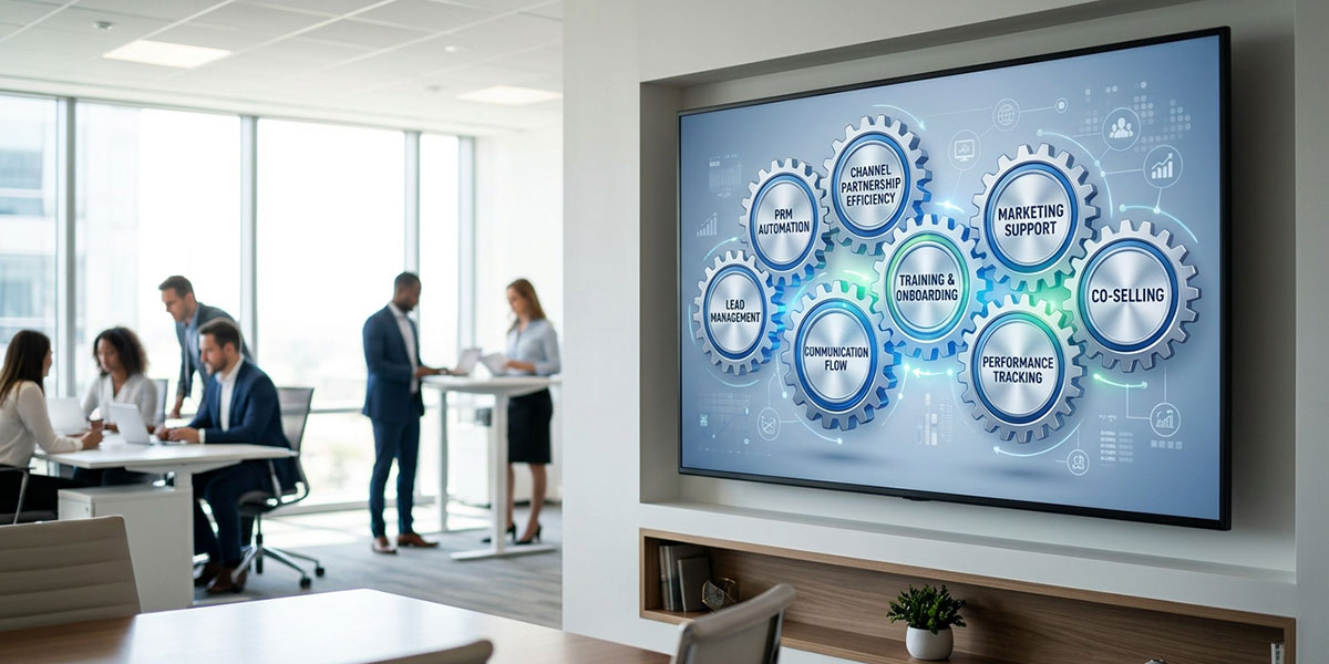 An animated gear system showing how PRM automation improves channel partnership efficiency.