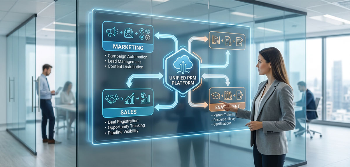 A diagram showing how a unified PRM platform connects various channel management functions like marketing, sales, and enablement.